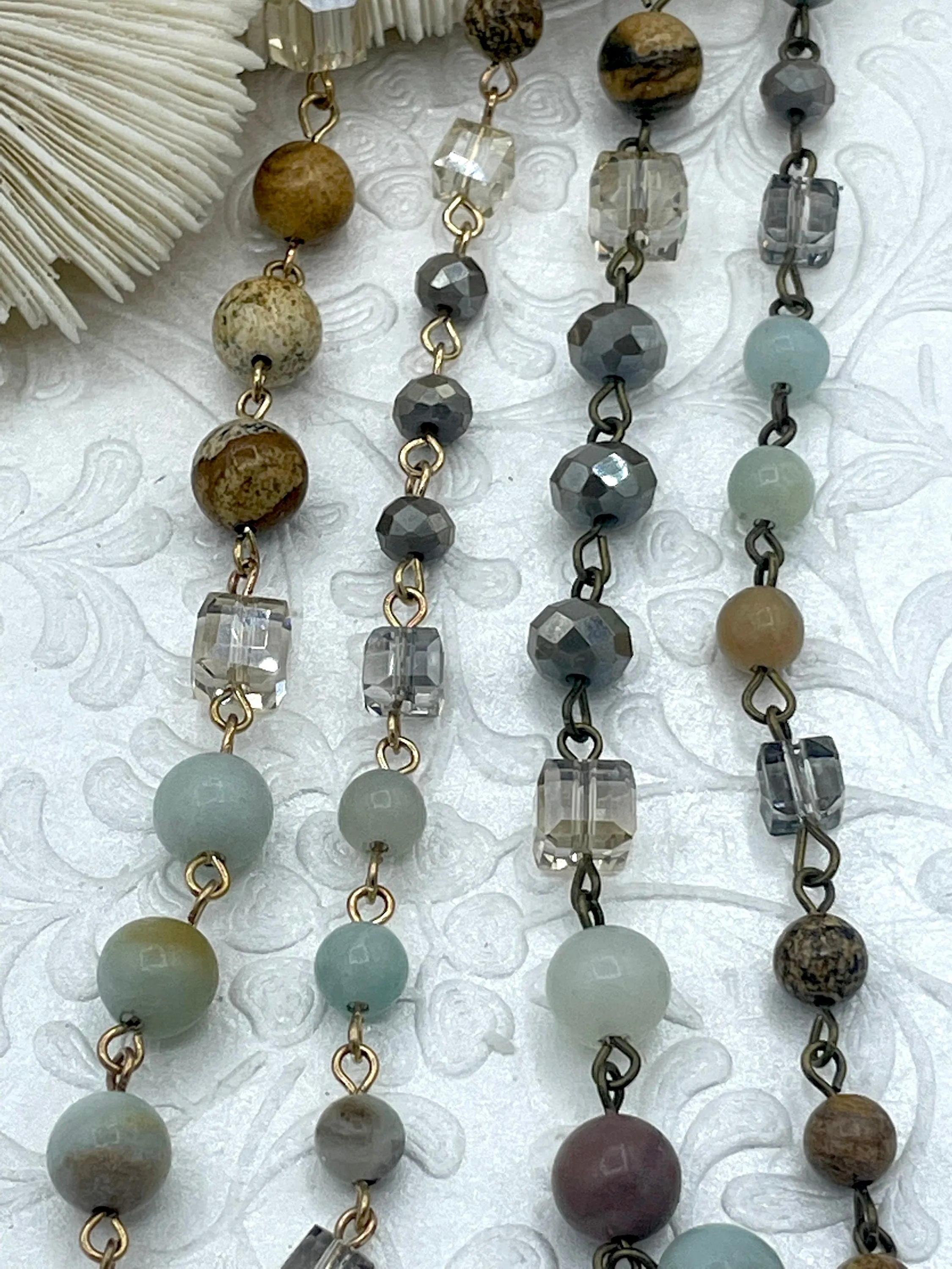 Gemstone Crystal Mix Rosary Chain, Picture Jasper, Amazonite, Crystal. Bronze or Gold. Round, cube and rondelle beads 1 Meter (39")Fast Ship