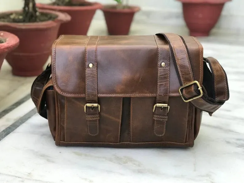 Genuine Glossy Brown Leather Camera Bag