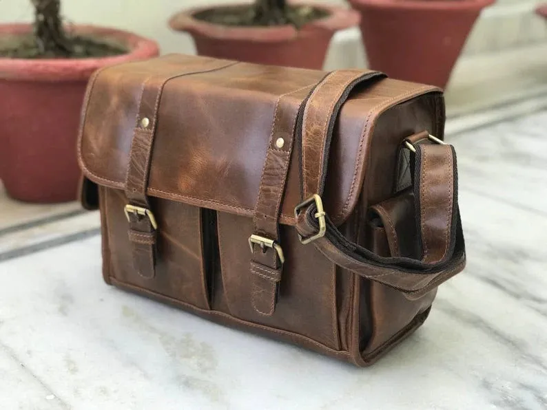 Genuine Glossy Brown Leather Camera Bag