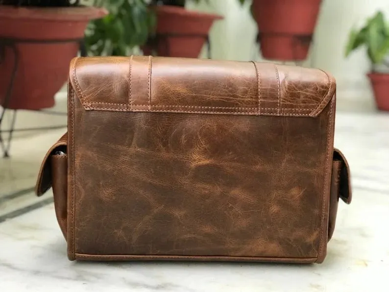 Genuine Glossy Brown Leather Camera Bag