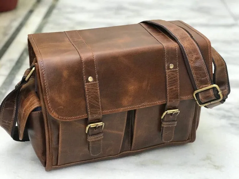 Genuine Glossy Brown Leather Camera Bag