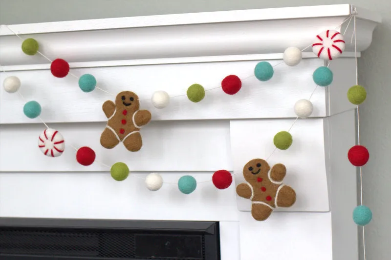 Gingerbread & Peppermint Christmas Felt Garland- Turquoise Red Green