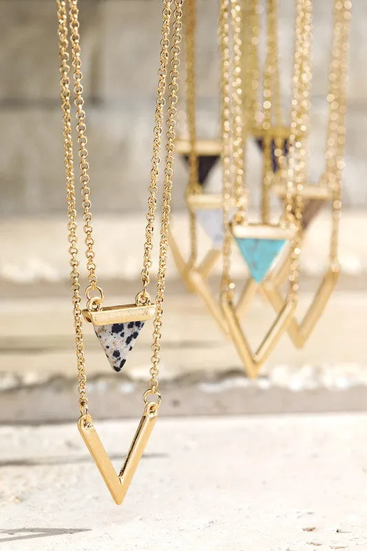 Gold Triangle Natural Stone Charm & Chevron Necklace