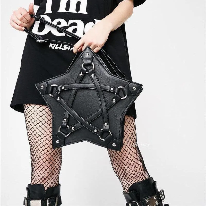 Gothic Pentagram Shoulder Bag, Cool Strap HandBag For Women