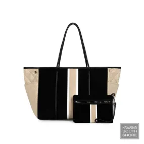 HA Bag Grayson BUFF Handbag  Black Neoprene Beige White Stripe