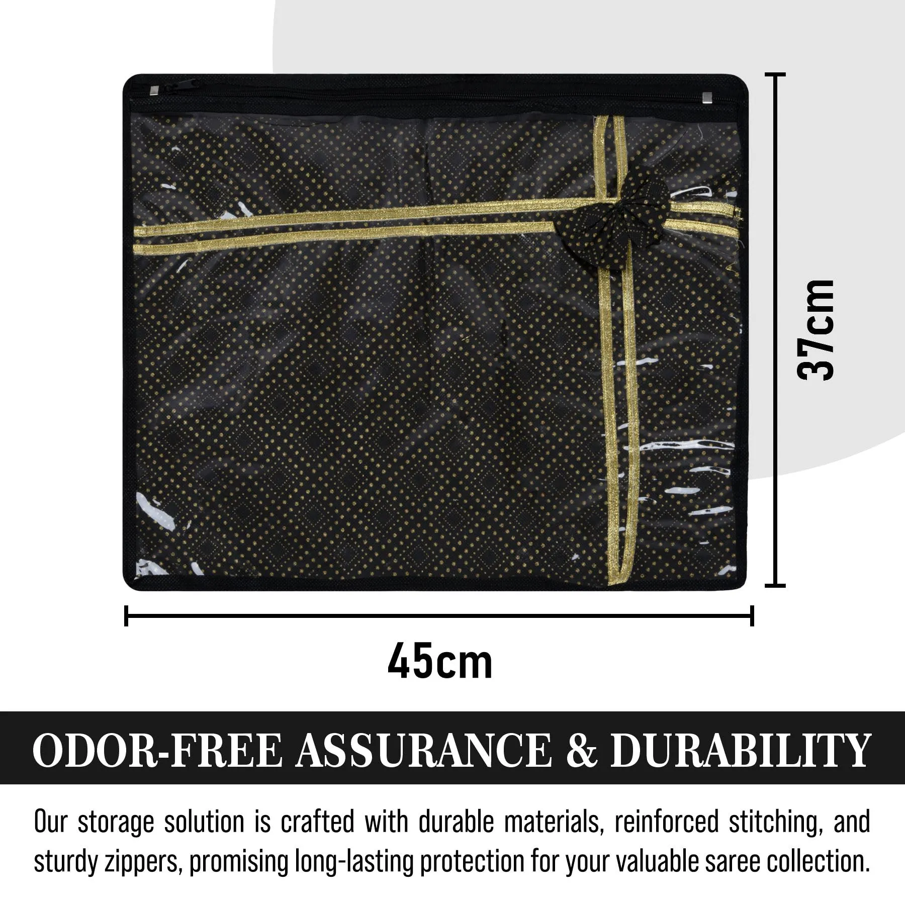 Heart Home Saree Storage Bag | Clothes Storage Bag | Wardrobe Storage Bag | Single Packing Cloth Storage Bag | Top Visible Window Saree Bag | Bow Golden Dot | Pack of 6 | Black