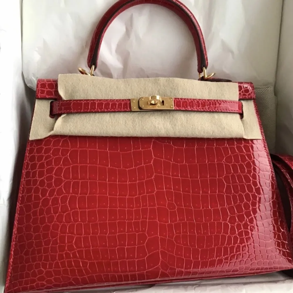 Hermès Kelly 25 Braise Sellier Crocodile Porosus Lisse Gold Hardware GHW