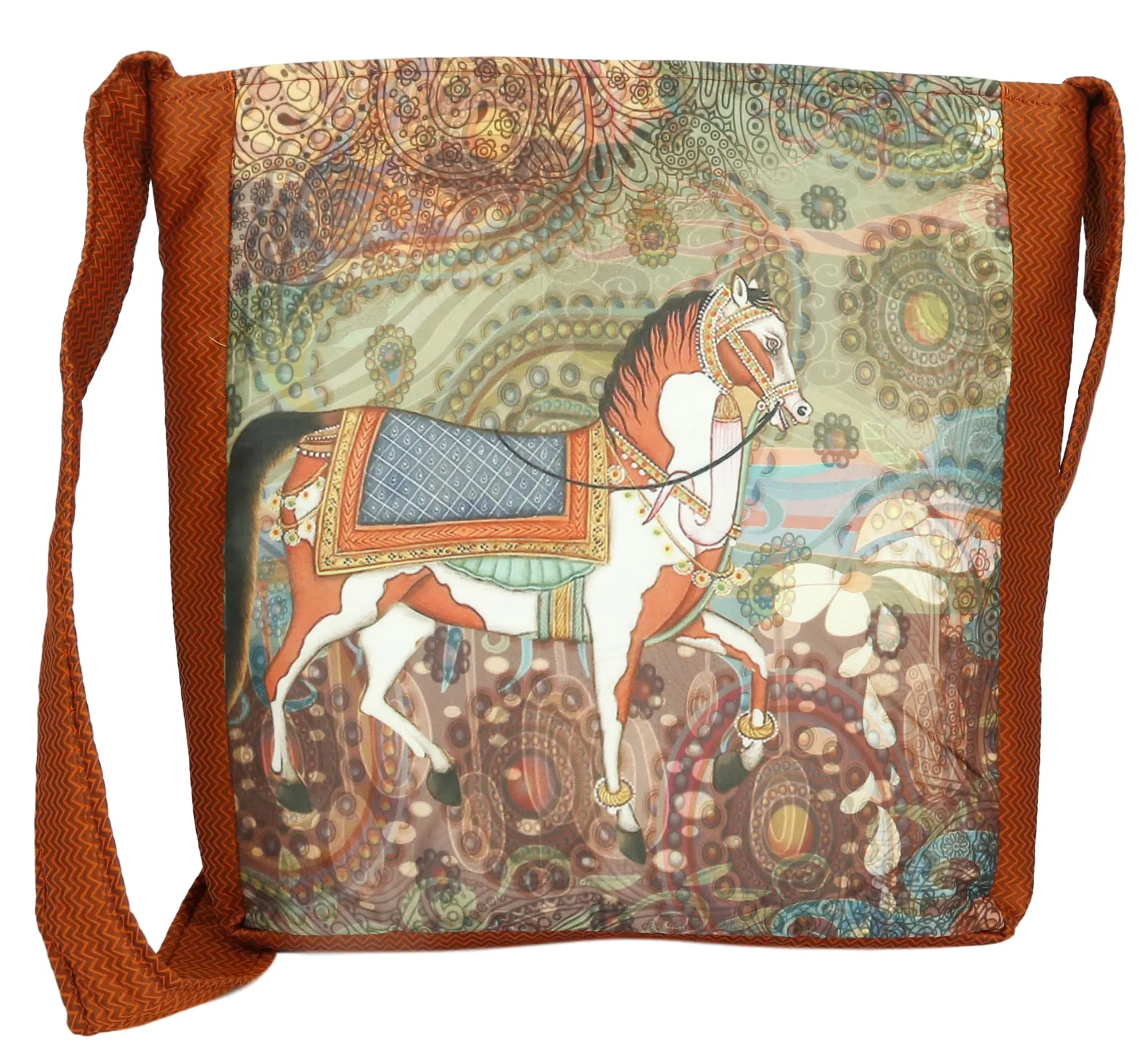 Indian Jhola Bag For Women Digital Print Cross Body Shoulder Bag Fashion Sling Bag Quilted Faux Silk,16x14x3 Inch,Dancing Horse