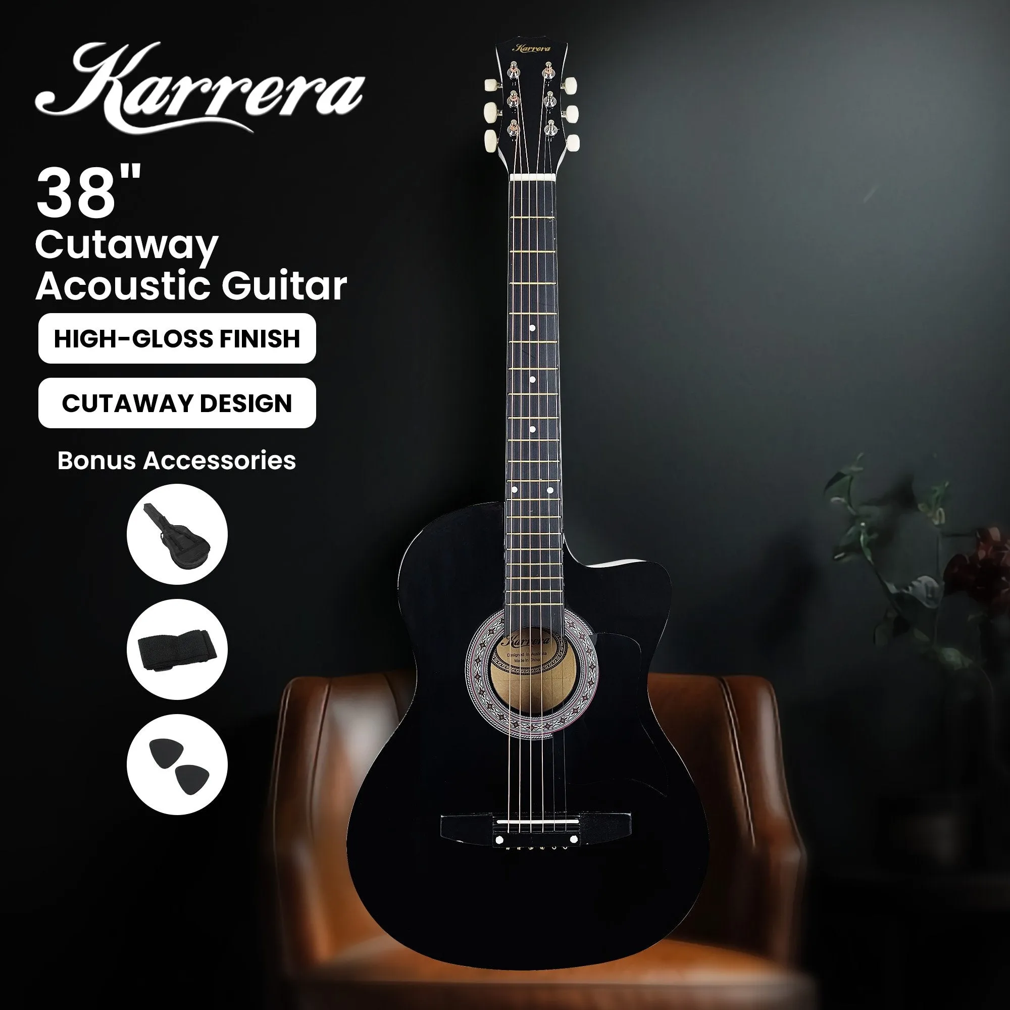 Karrera 38" Cutaway Acoustic Guitar with Carry Bag (Black)