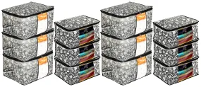 Kuber Industries Metalic Flower Print 6 Piece Non Woven Saree Cover And 6 Pieces Underbed Storage Bag, Storage Organiser, Blanket Cover (Set of 12,Black)-KUBMART16686