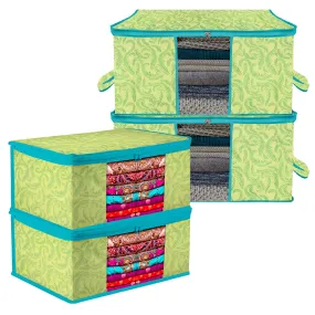 Kuber Industries Saree Cover & Underbed Stoarge Bag Set | 2 Pieces Saree & 2 Pieces Underbed Storage Bag Combo Set | Zipper Closure & Handle | Leaf-Design | Set of 4 | Green