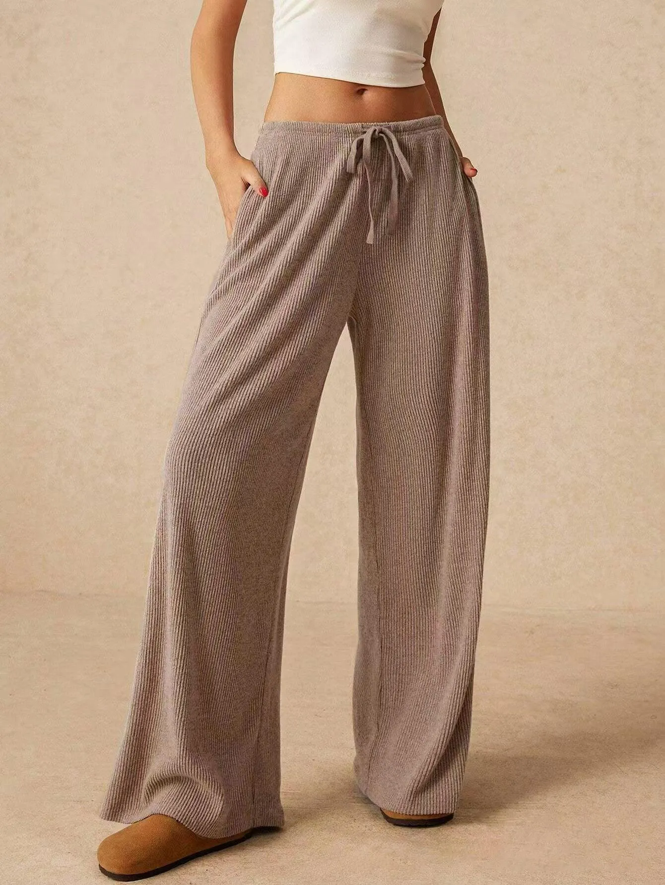 ladies Solid Color Drawstring Wide Leg Pants SKP4784