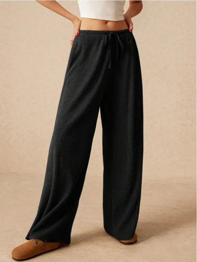 ladies Solid Color Drawstring Wide Leg Pants SKP4784