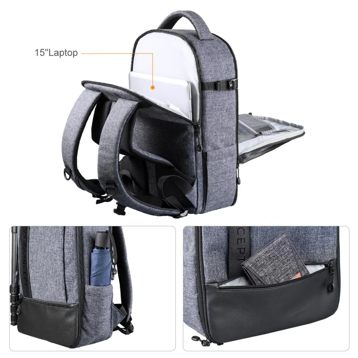 Large Camera Backpack DSLR/SLR Camera Bag Fits 14-15 Inch Laptop 15L with Tripod Holder&Laptop Compartment Compatible with Canon/Nikon/Sony/Olympus Black   Grey