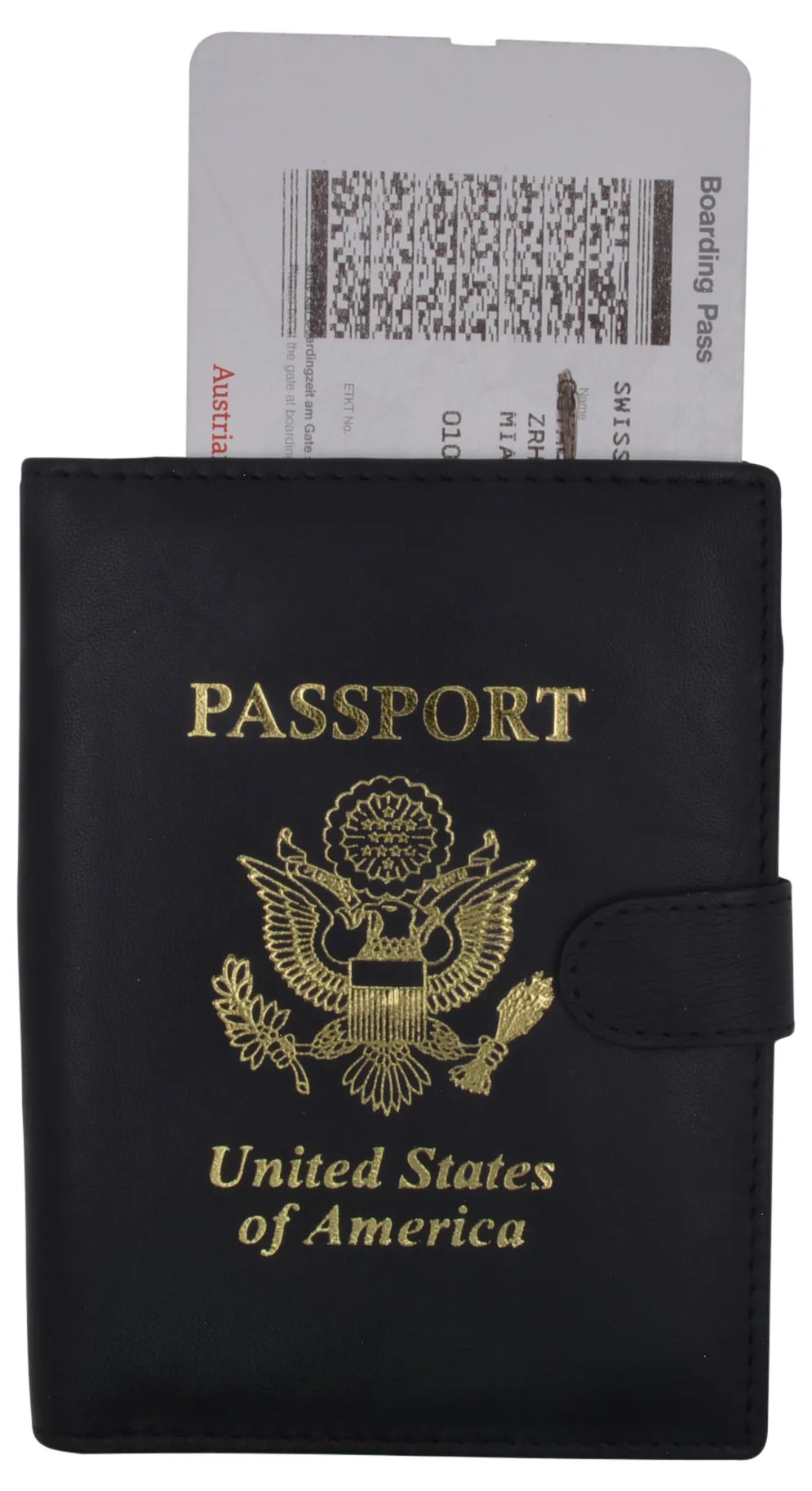 Leather Black Passport Holder Cover Case Wallet USA Embedded Logo Travel U.S Wallets for Men & Women