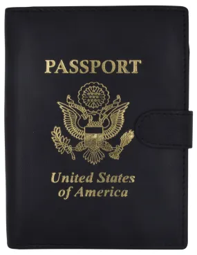 Leather Black Passport Holder Cover Case Wallet USA Embedded Logo Travel U.S Wallets for Men & Women