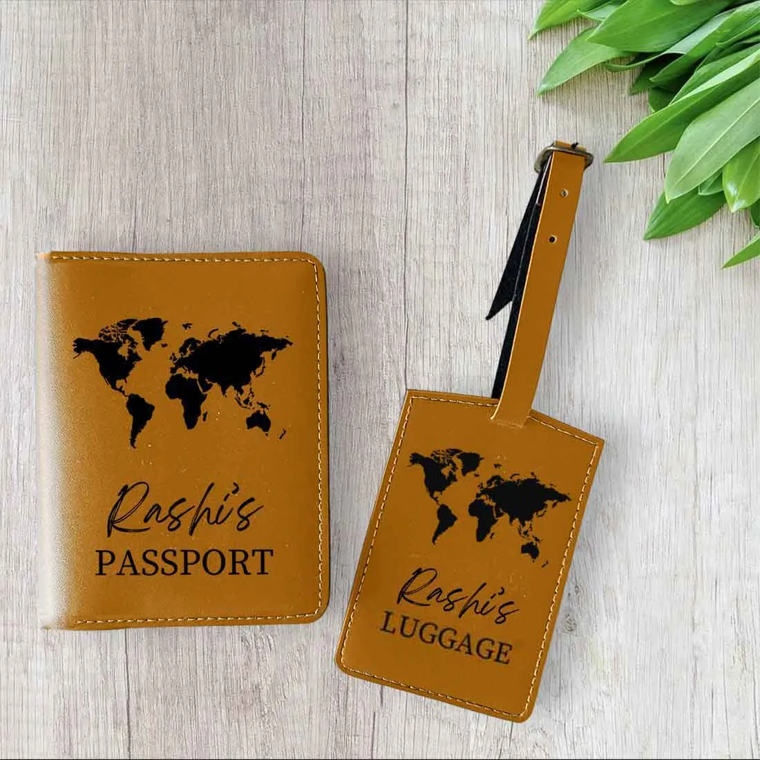 Leather Passport Holder Customized with Name Design Passport Cover and Luggage Tag Set - MAP