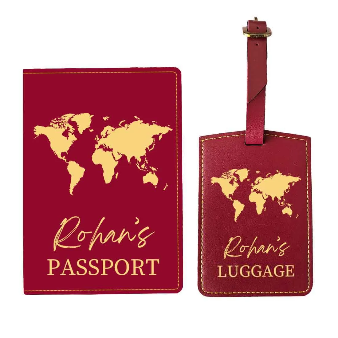 Leather Passport Holder Customized with Name Design Passport Cover and Luggage Tag Set - MAP