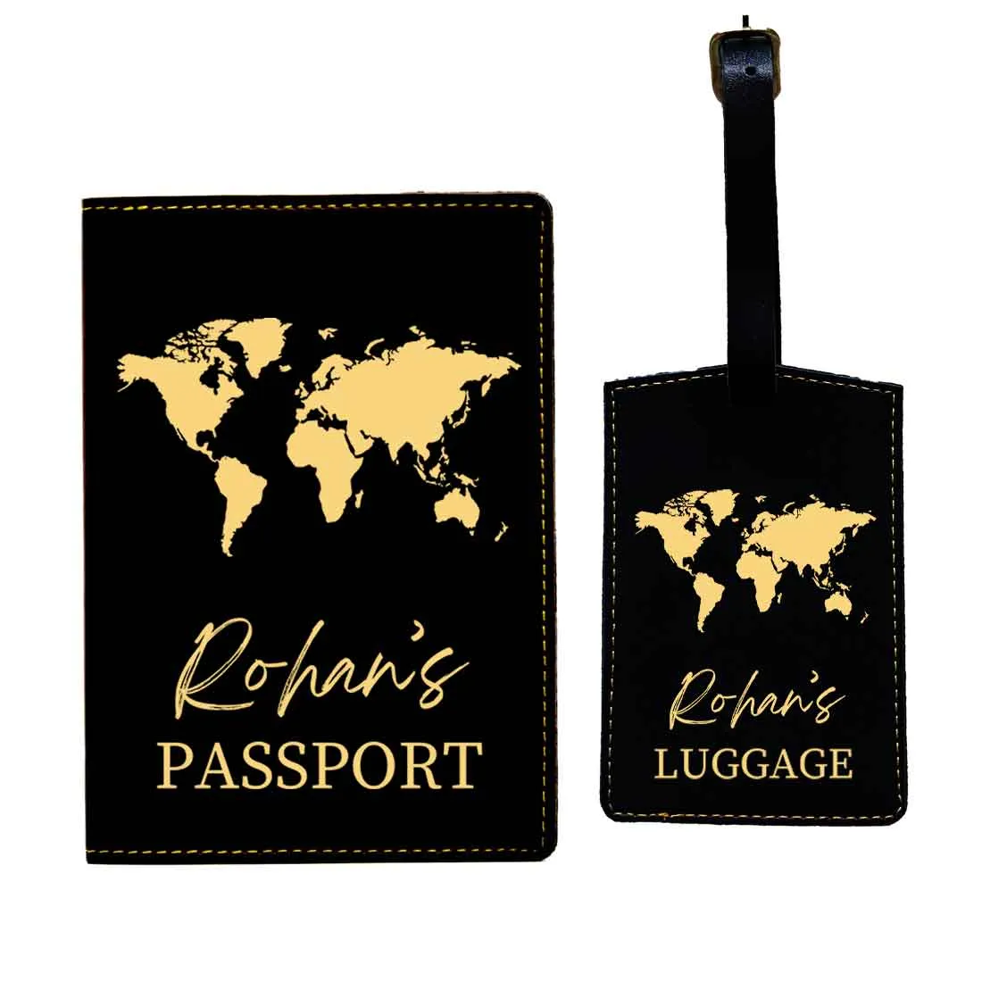 Leather Passport Holder Customized with Name Design Passport Cover and Luggage Tag Set - MAP