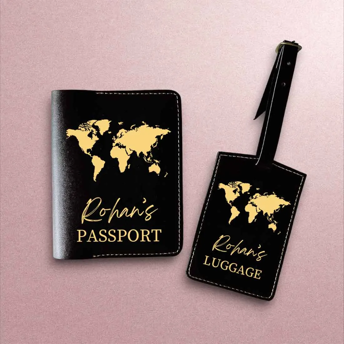 Leather Passport Holder Customized with Name Design Passport Cover and Luggage Tag Set - MAP