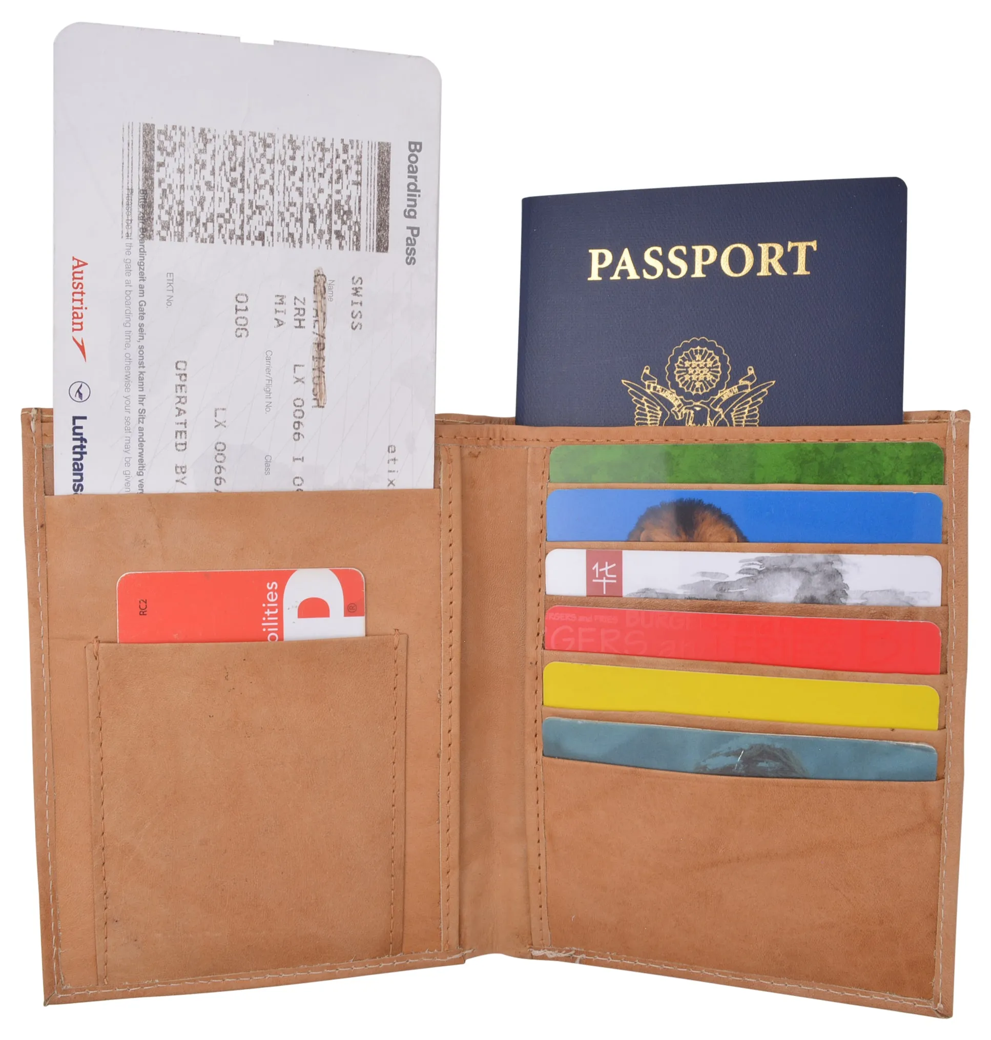 Leather USA Passport Holder Cover Case & Travel Wallet for Men & Women Boarding Pass Credit Card Holder Protection