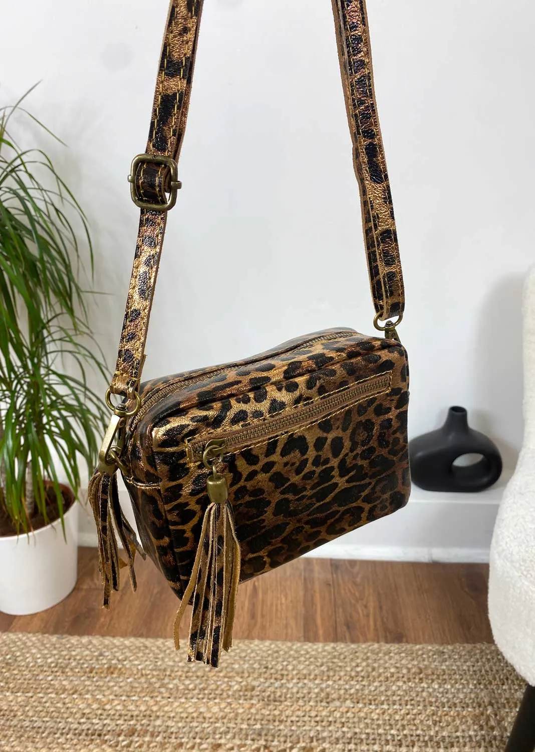 Leopard Metallic  Leather Camera Bag in Bronze