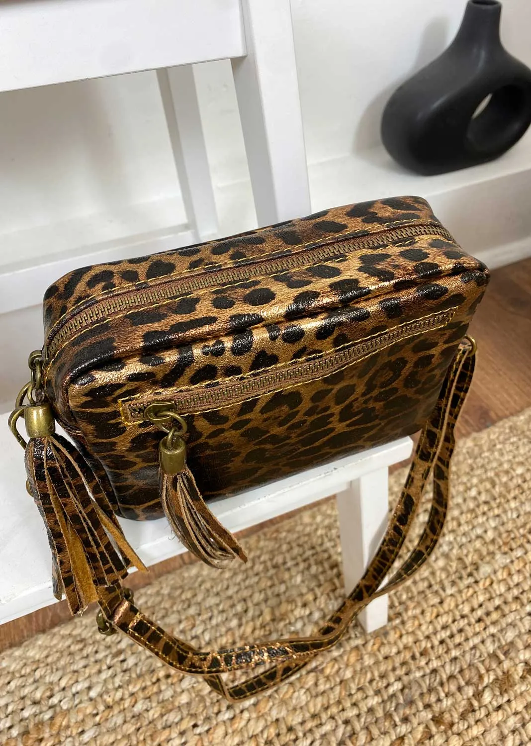 Leopard Metallic  Leather Camera Bag in Bronze