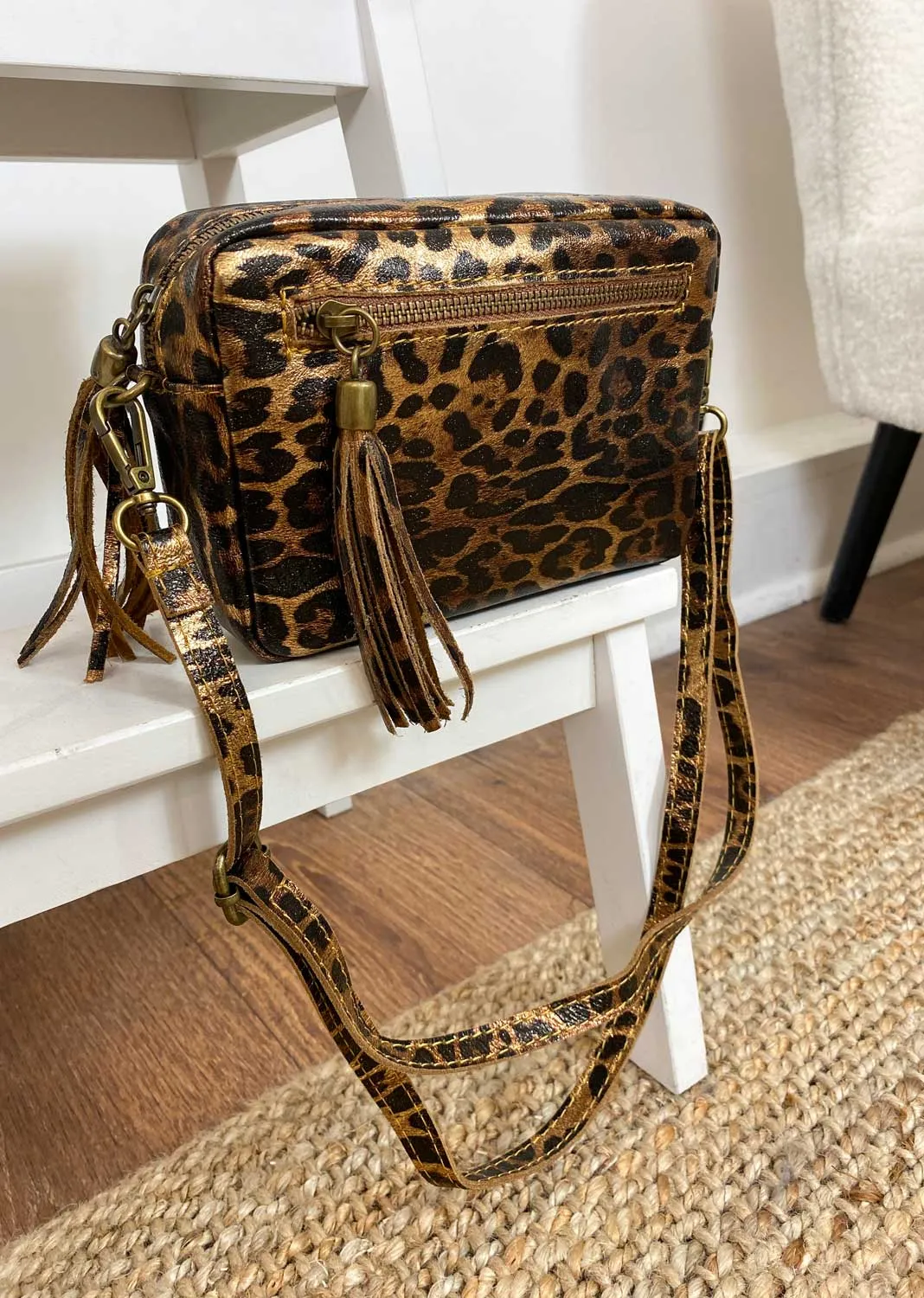 Leopard Metallic  Leather Camera Bag in Bronze