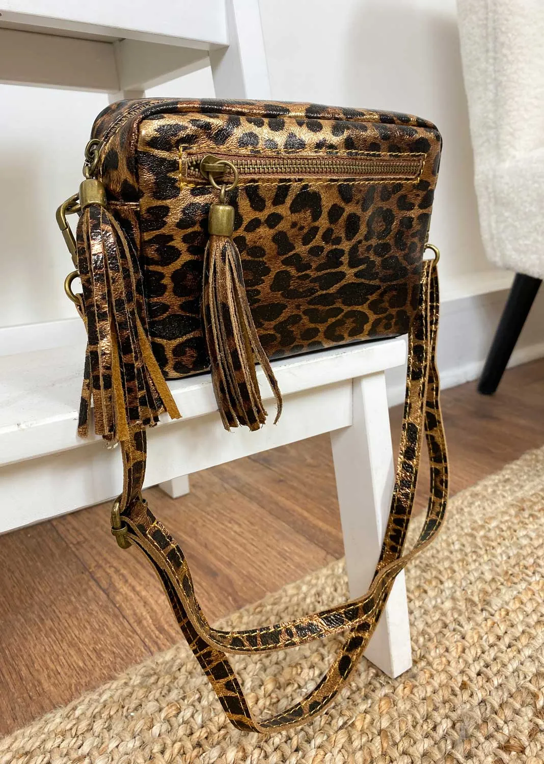 Leopard Metallic  Leather Camera Bag in Bronze