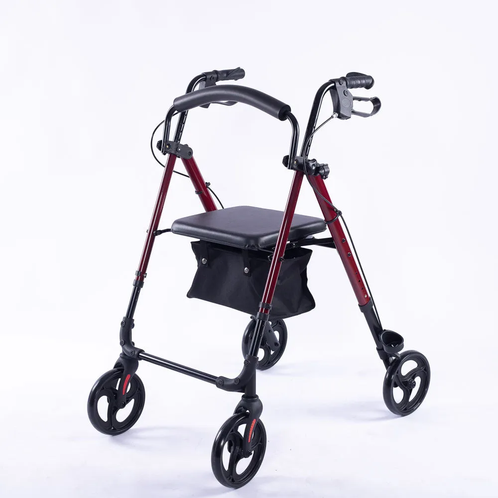 Lightweight Foldable Rollator Walker, Dual Brakes, Red - Equipmed