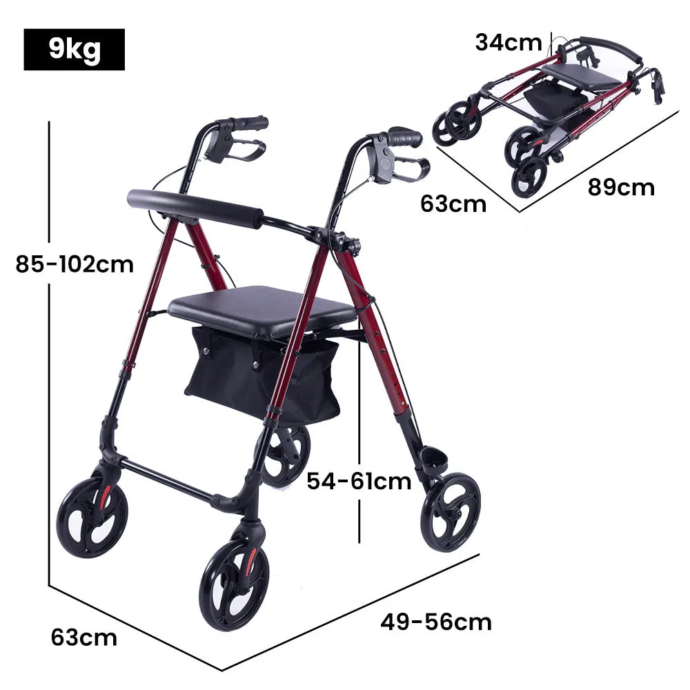 Lightweight Foldable Rollator Walker, Dual Brakes, Red - Equipmed