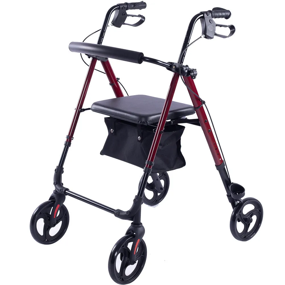 Lightweight Foldable Rollator Walker, Dual Brakes, Red - Equipmed