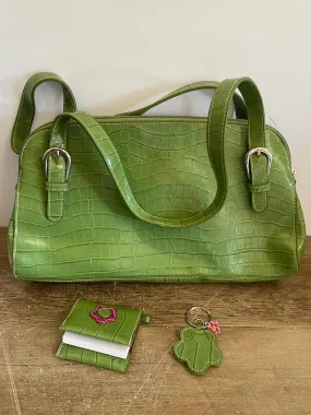 <€€ Green Faux Leather Alligator Shoulder Purse Bag Belt Strap Medium Size w/ Notebook & Key Chain