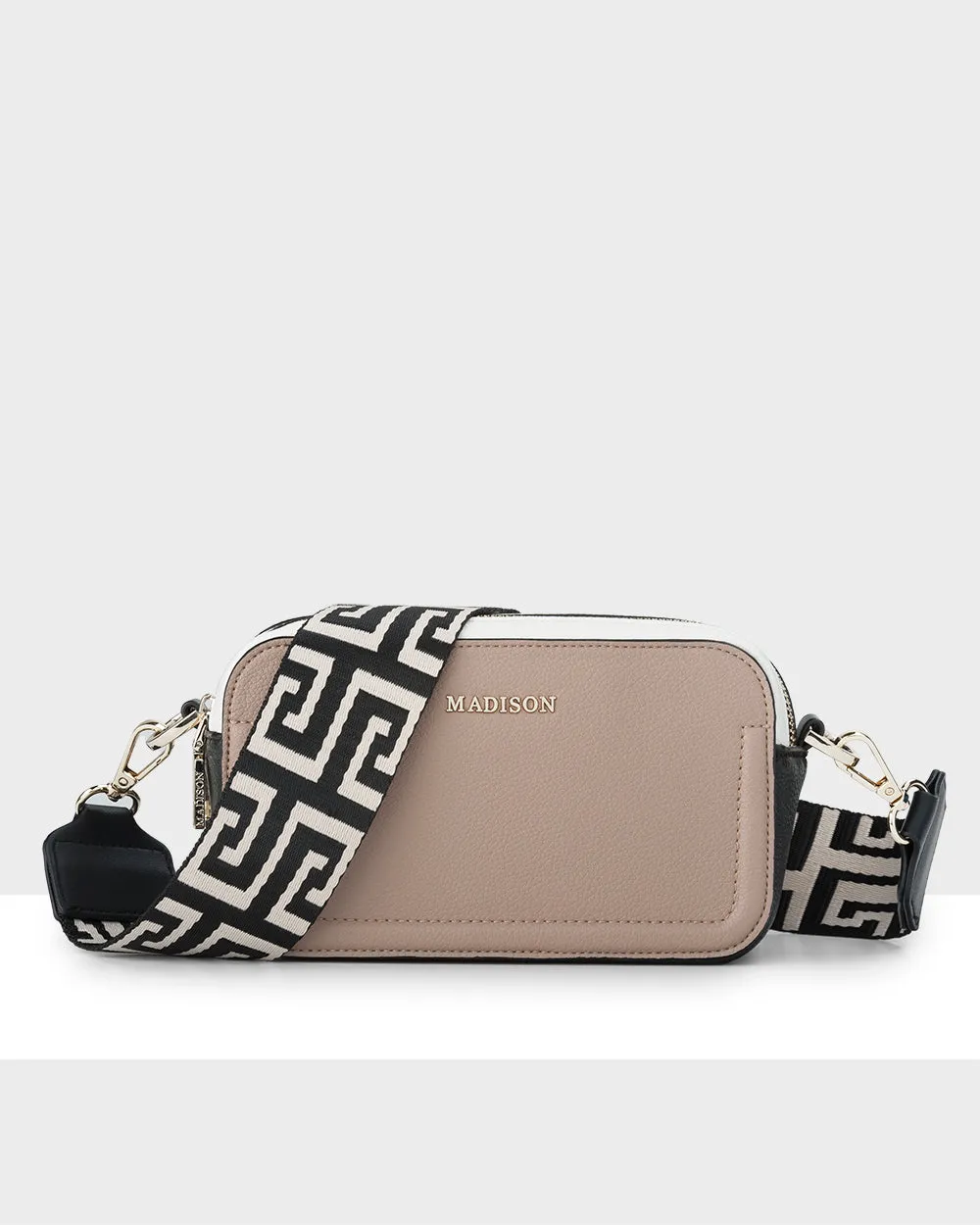 Maddie Double Zip Camera Crossbody Bag   Graphic Bag Strap