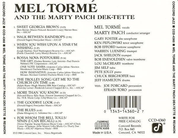 Mel Tormé And The Marty Paich Dek-Tette - Reunion - CD