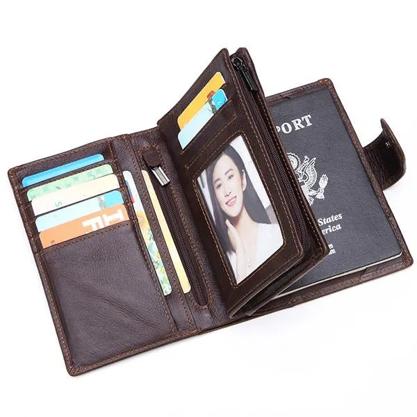 Men Passport Bag 9 Card Slots Photo Holder Genuine Leather Oil Wax Business Short Wallet