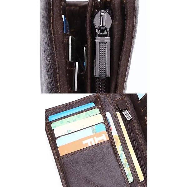 Men Passport Bag 9 Card Slots Photo Holder Genuine Leather Oil Wax Business Short Wallet