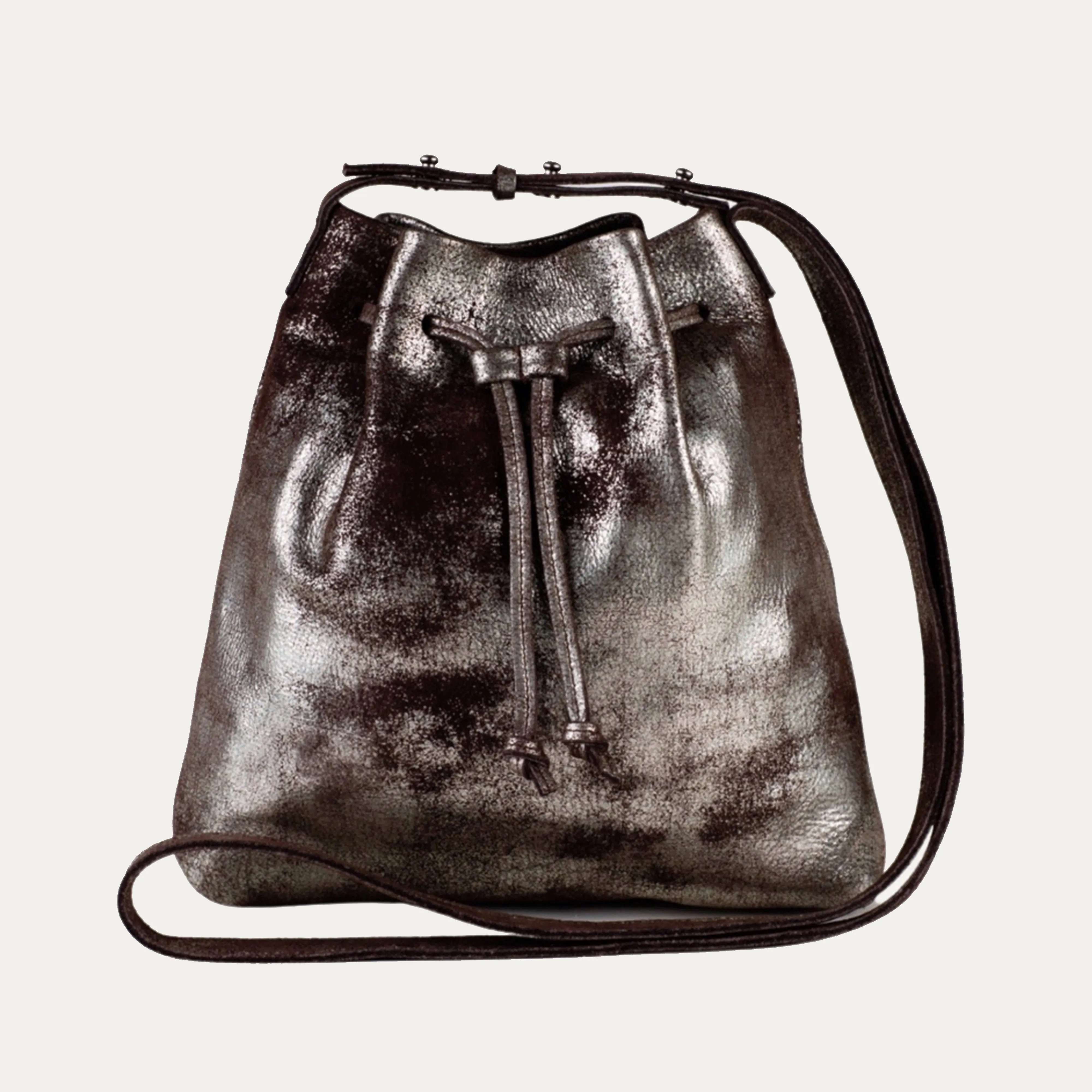 Mini Crossbody Tote | Brown Metallic Leather   Silver Hardware