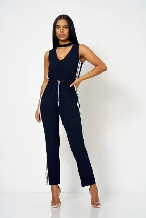 Navy Contrast Stripe Choker Jumpsuit