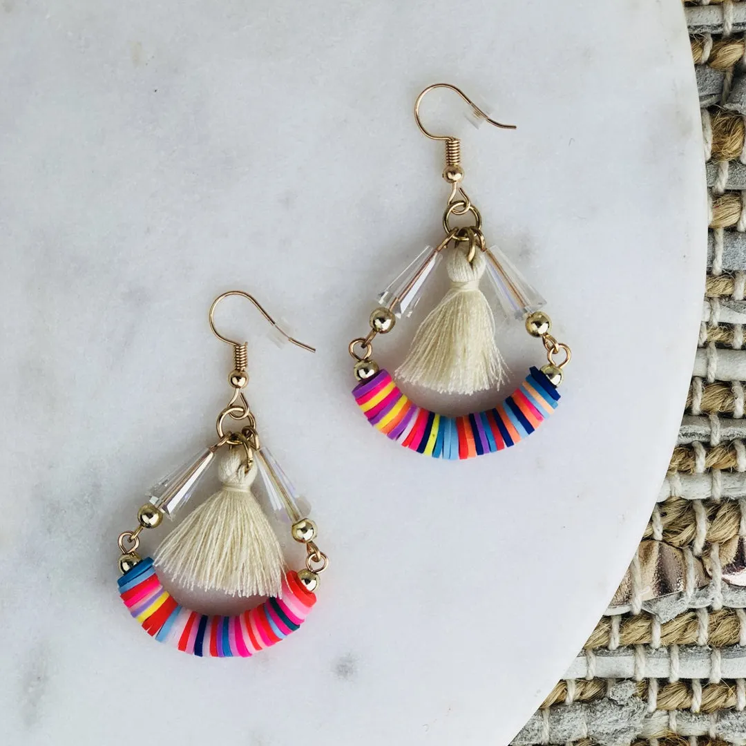 NEON BOHEMIANS LAUPER RAINBOW HOOP EARRINGS IN CREAM