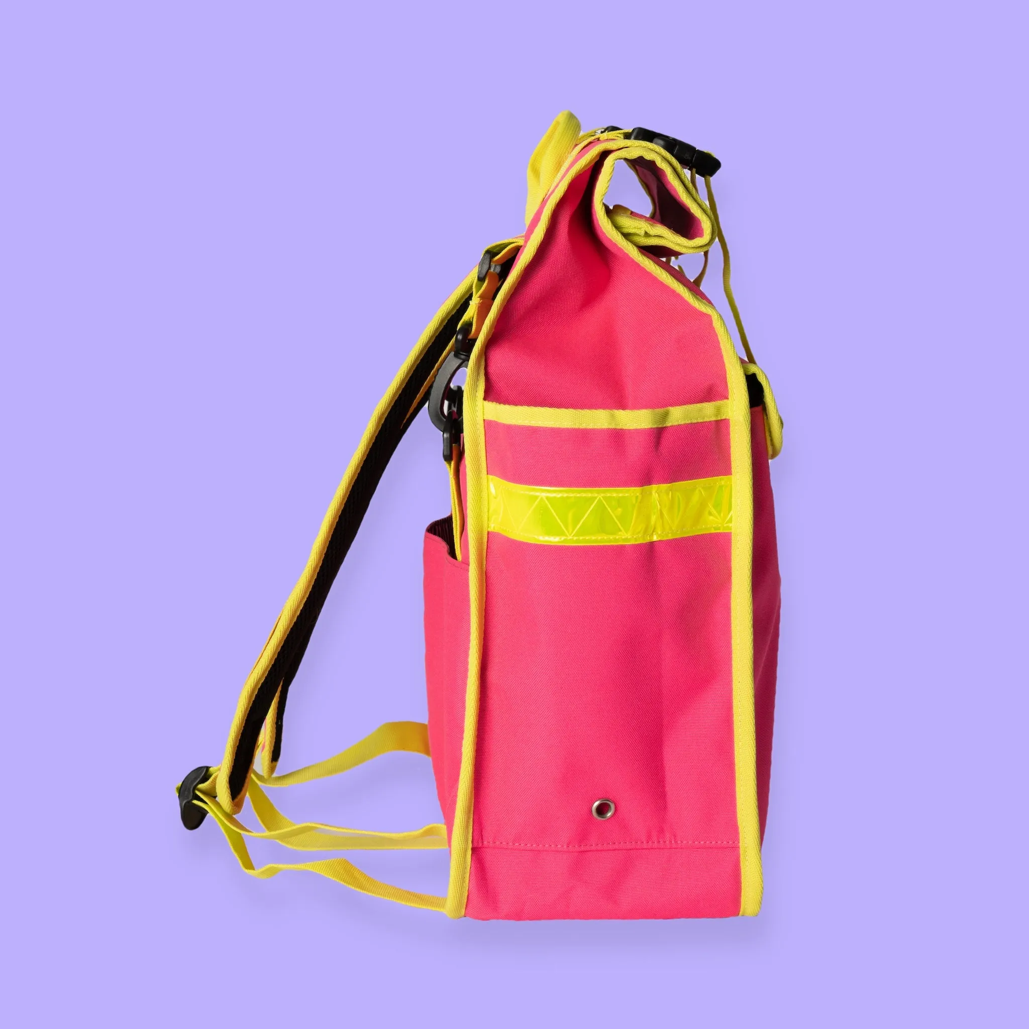 Neon pink rolltop backpack pannier bike bag