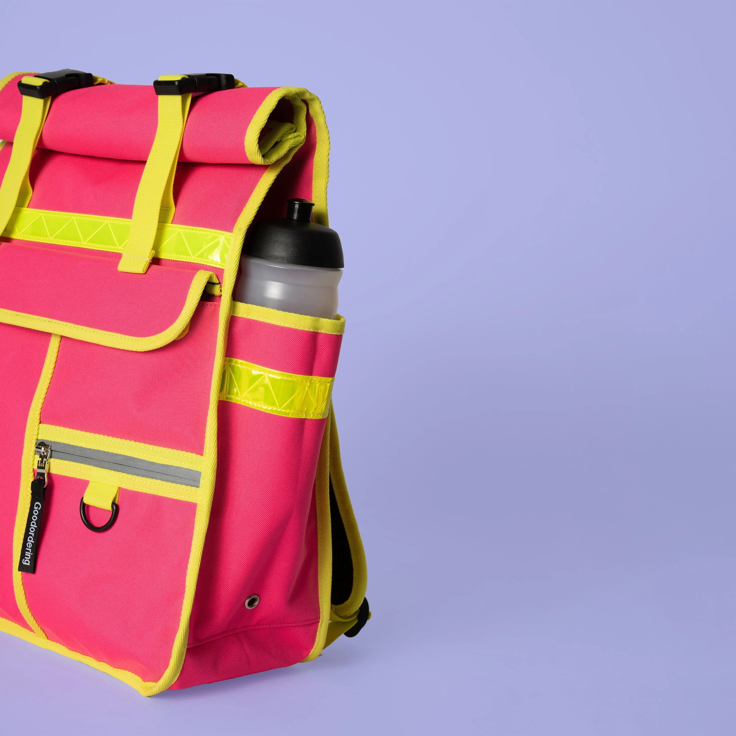 Neon pink rolltop backpack pannier bike bag