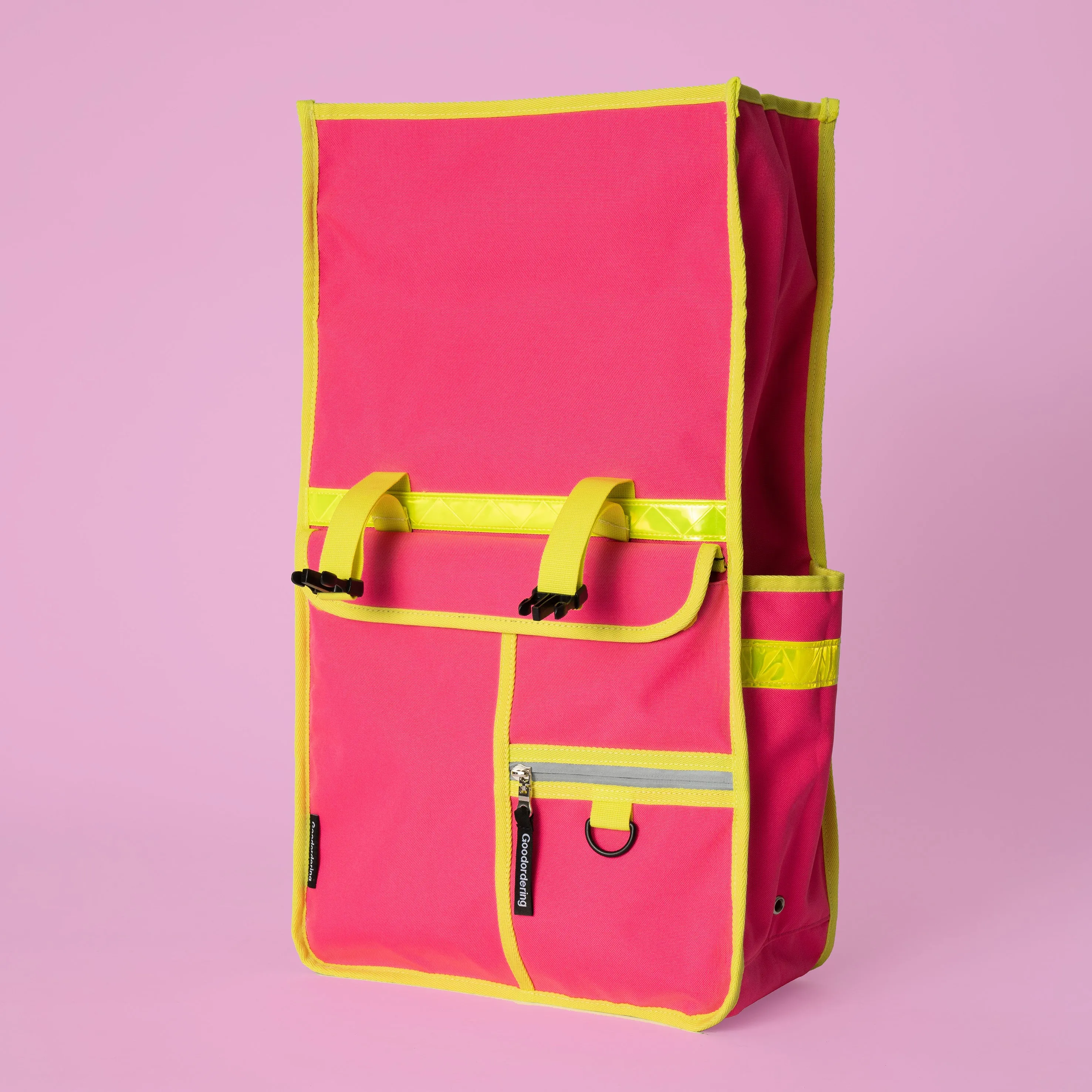 Neon pink rolltop backpack pannier bike bag