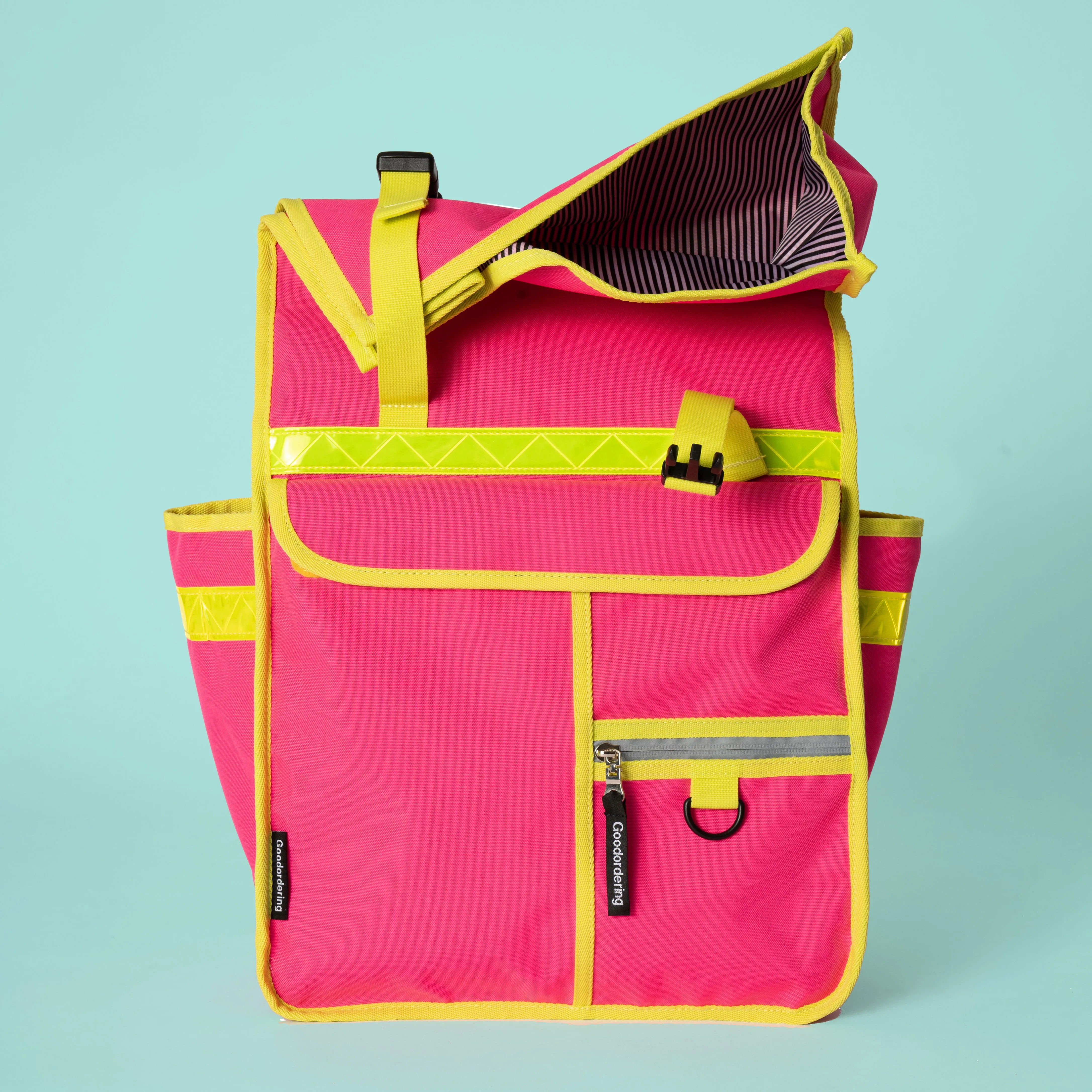 Neon pink rolltop backpack pannier bike bag