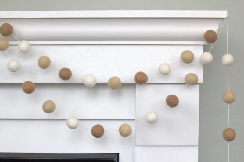 Neutral Felt Ball Garland- Tan Almond White