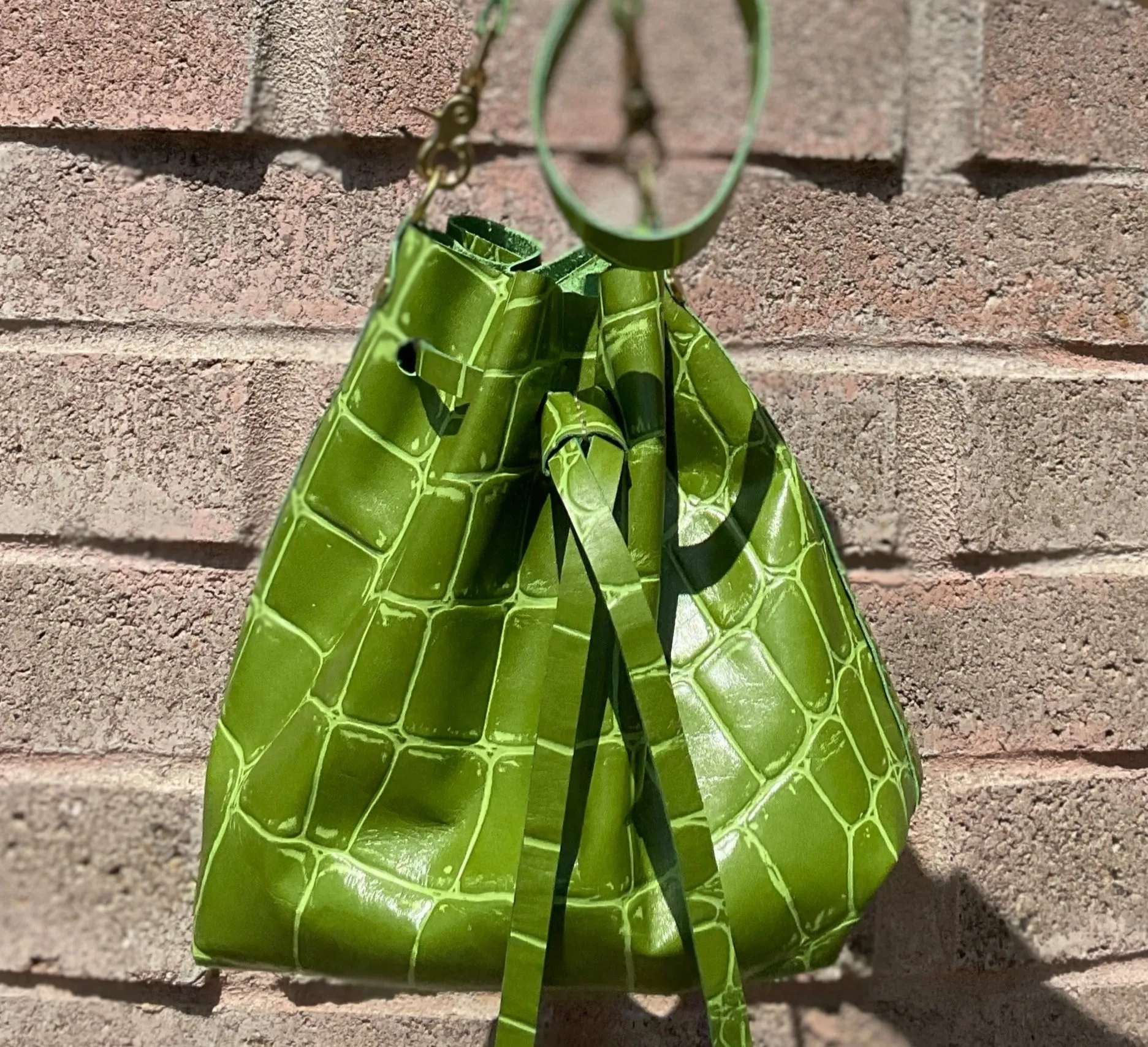 Olive Green Jumbo Croc Embossed Leather Drawstring Crossbody Bucket Bag