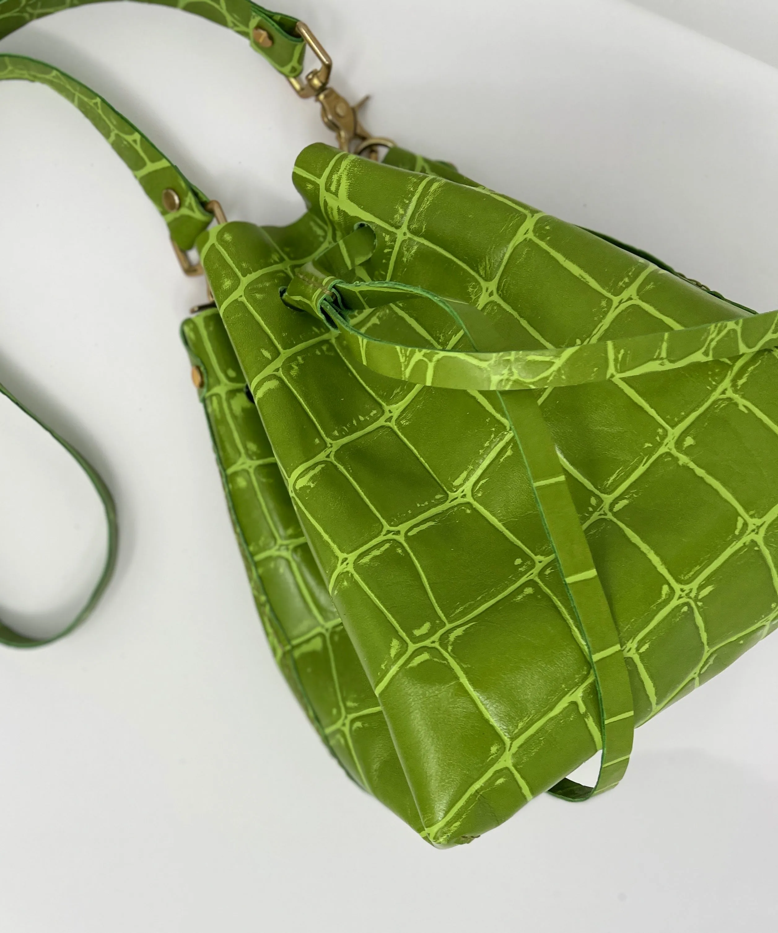 Olive Green Jumbo Croc Embossed Leather Drawstring Crossbody Bucket Bag