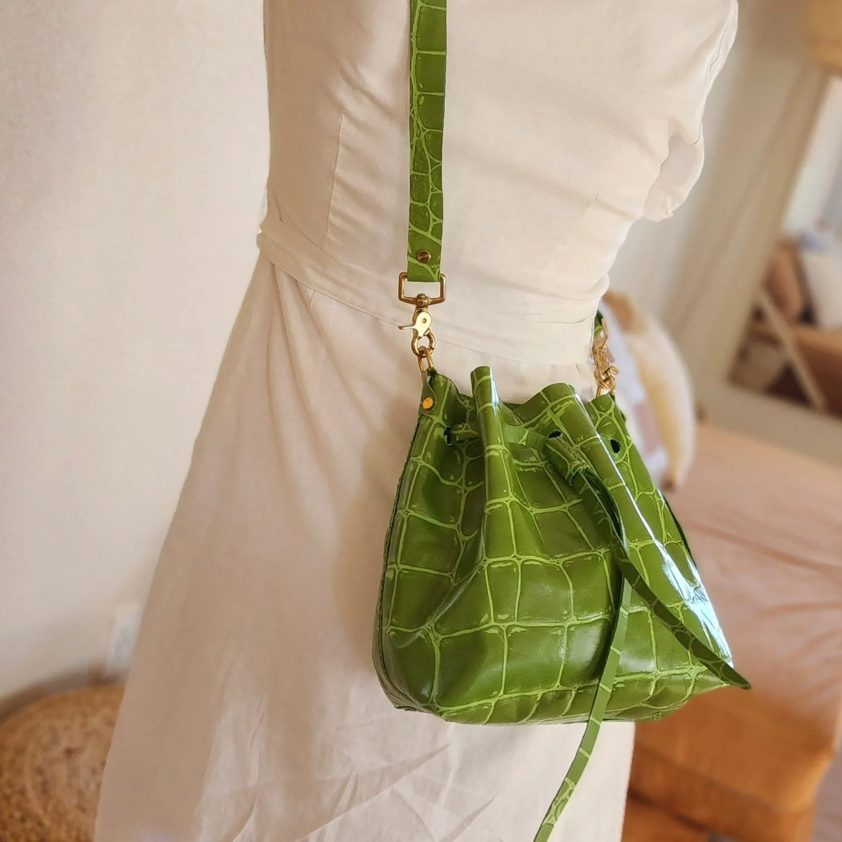 Olive Green Jumbo Croc Embossed Leather Drawstring Crossbody Bucket Bag