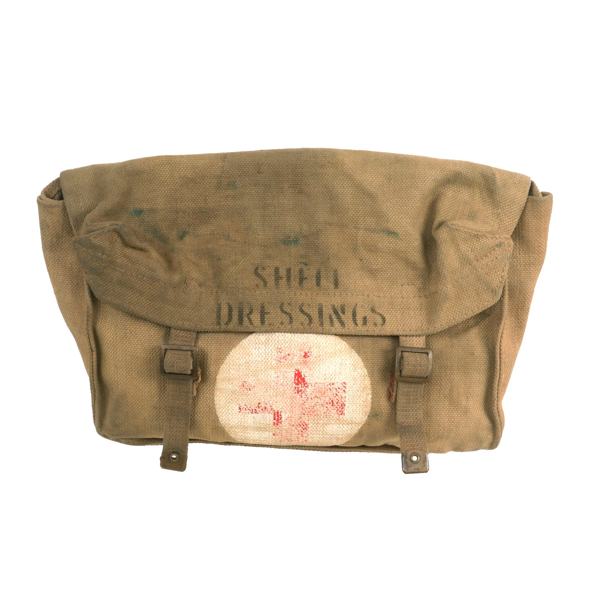 Original British WWII Pattern 1937 Medic Shell Dressing Shoulder Bag with 7 Field Dressings and Red Cross Armband - dated 1942