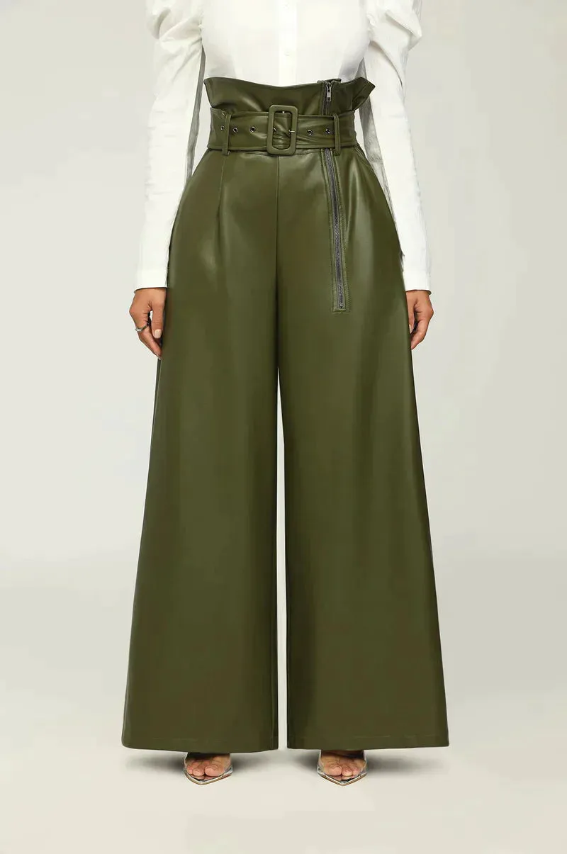 Paper Bag Waist Wide Leg Vegan Leather Pants